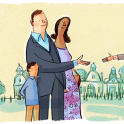 A family greeting a headmaster at an open day