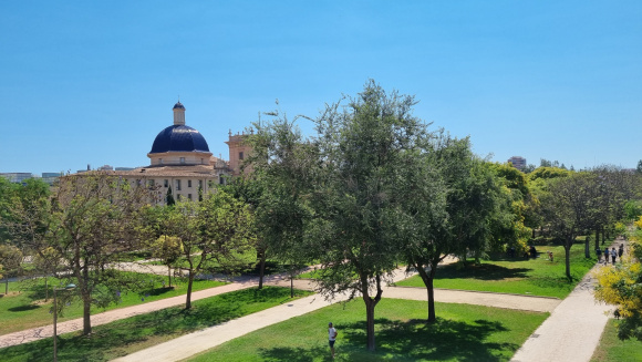 View from Valencia, Spain, of Museo de Bellas Artes with Jardín del Turia in the foreground