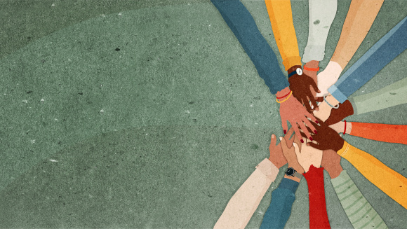 A circle of hands of various skin colours. Credit: Melitas