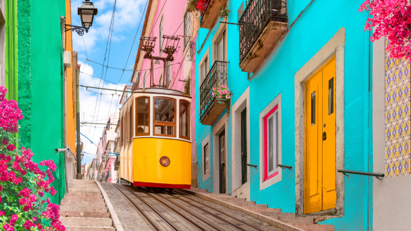 Yellow typical tram in Lisbon, Portugal