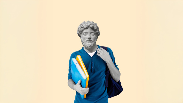 A classic statue dressed in American college kid clothing