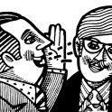 A black and white line drawing, like a wood engraving, showing two smartly dressed men whispering to eachother Credit: CSA Images