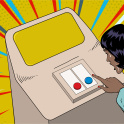 A woman trying to choose between the red button or blue button