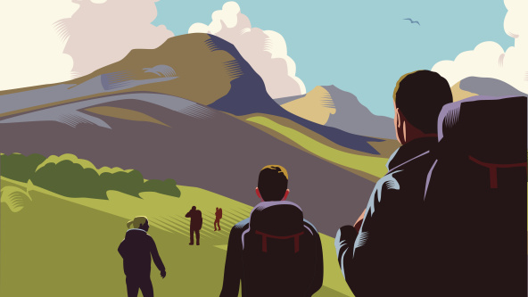 Illustration of landscape with hills, mountains and walkers in retro crosshatch style