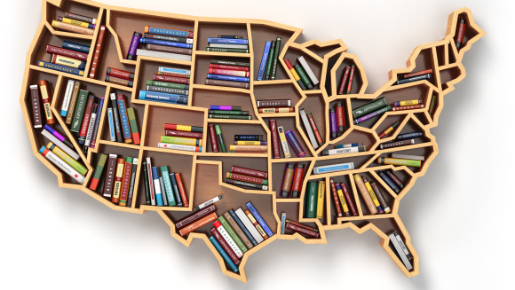 A 3d illustration of book shelf as map of USA