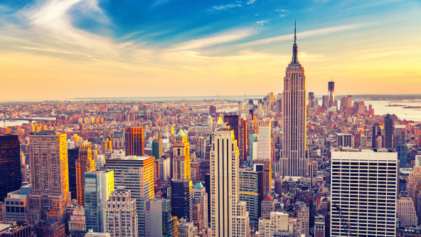 Aerial view of Manhattan at sunset