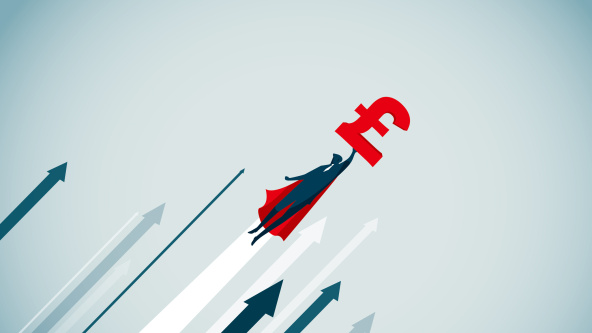 A superhero flying with a £ sign
