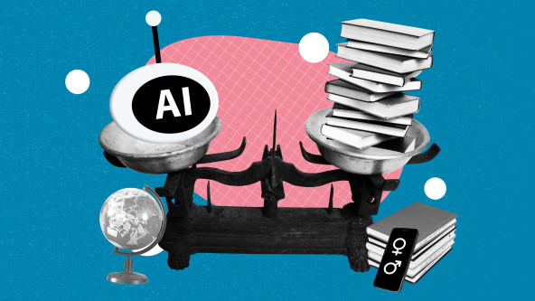 A pop art collage showing a set of weighing scales balancing books and a screen with AI, plus a classroom globe and smartphone in the foreground