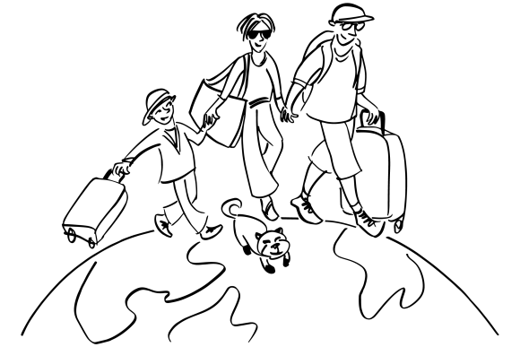 A hand drawn illustration of a family holding hands, walking with suitcases on as global along with a cat.