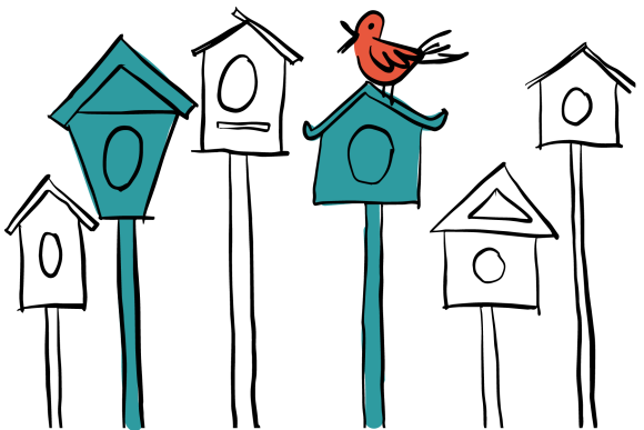 A bird sitting on a bird house surrounded by other houses