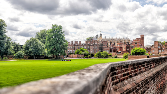 View over the wall into Eton College with the college chapel in the background