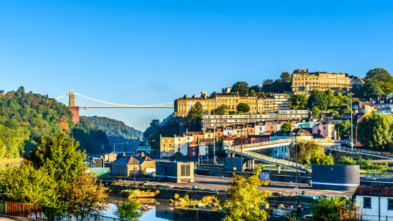 Clifton village and suspension bridge in Bristol at sunrise