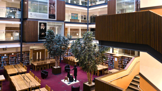View from a first floor balcony of the St Philip Neri Library which occupies a covered atrium at The London Oratory School