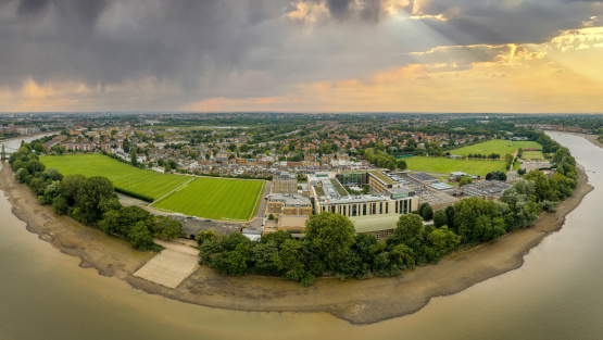 A panoramic image showing St Paul’s School on the banks of the River Thames in west London