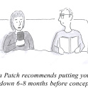 A gag cartoon by NAY showing a couple in bed discussing how early to put their yet-to-be conceived child's name down for nursery